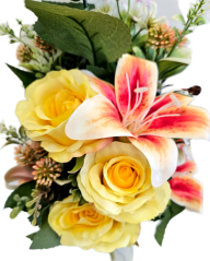 Buchet artificial exclusiv Trandafiri, Crini și accesorii x13 54cm x 30cm galben, portocaliu