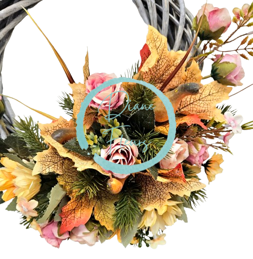 Wicker wreath decorated with Roses, Marguerites Daisies, Pumpkins and Accessories 30cm x 36cm