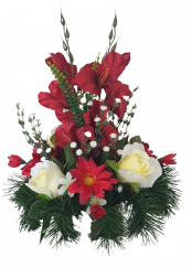 Trauergesteck aus künstliche Rosen, Gladiole und Zubehör Ø 27cm x 32cm