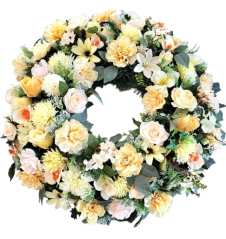 Temetési fenyőkoszorú Exkluzív hortenzia, rózsák, krizantém, dáliák, clematis és kiegészítők 80cm