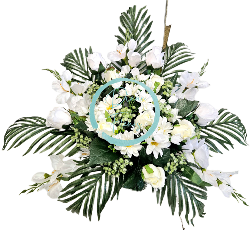 Sympathy Arrangement made of artificial Roses, Marguerites, Gladiolus and accessories 70cm x 40cm x 40cm