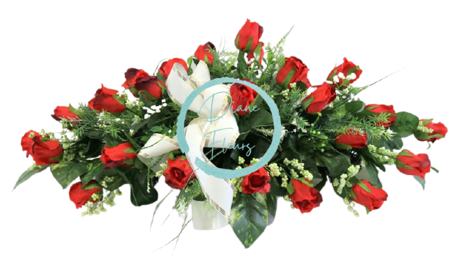 Piękna Kompozycja  żałobna owe sztuczne róże, dodatki i wstążka 85cm x 45cm x 30cm czerwony, zielony