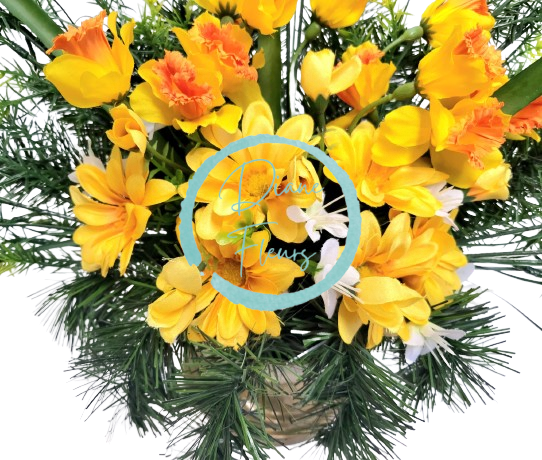Sympathy arrangement made of artificial Daffodil and Accessories 65cm x 24cm x 42cm