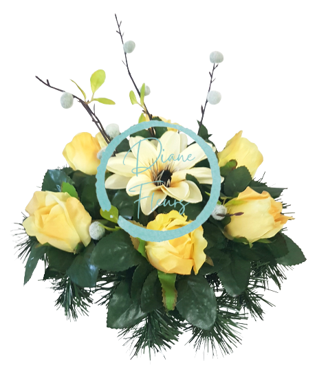 Smútočný aranžmán betonka umelé ruže, bahniatka, clematis & doplnky Ø 25cm x 17cm