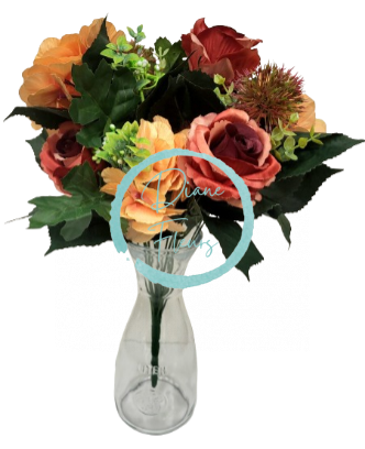 Umělá kytice růže, hortenzie, bodlák a doplňky x18 44cm