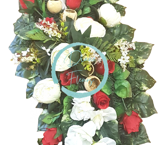 Smútočný veniec z umelých ruží a pivoniek 100cm x 35cm červená, biela, zelená