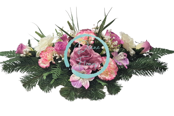 Kompozycja pogrzebowa ekskluzywne sztuczne róże, goździki i dodatki 60cm x 30cm x 25cm