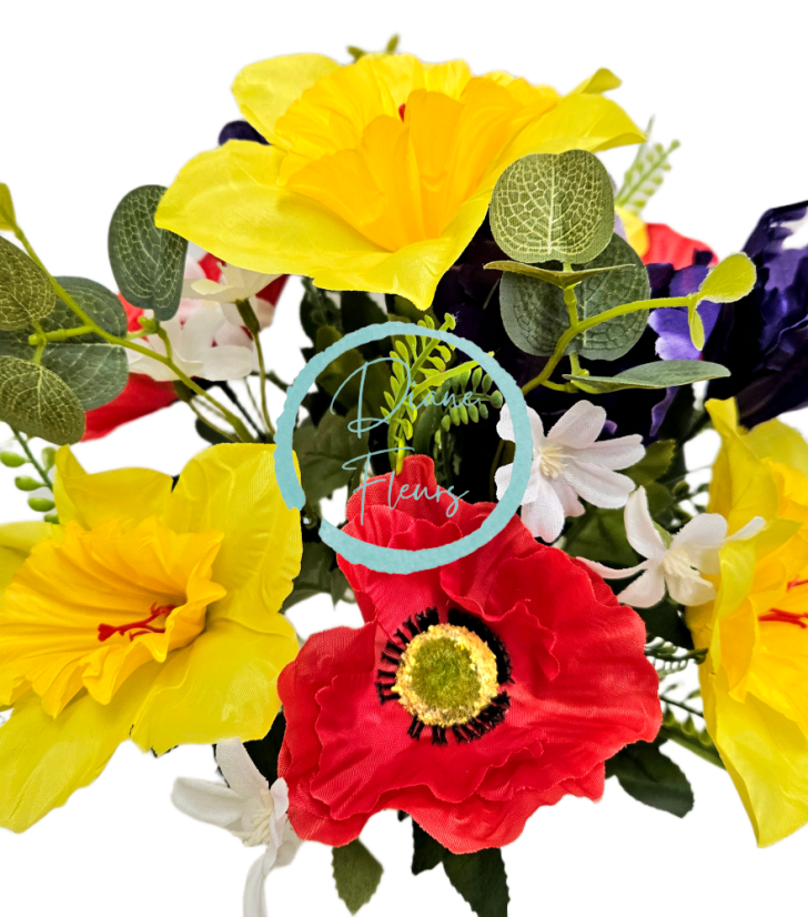Artificial Narcissus, Iris, Poppies bouquet 42cm Yellow, Purple, Cream, Red