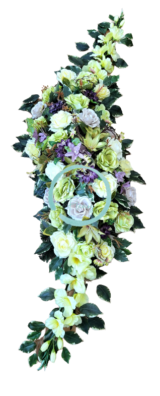 Smútočný veniec esíčko umelé ruže, gerbery, gladioly a doplnky 150cm x 50cm