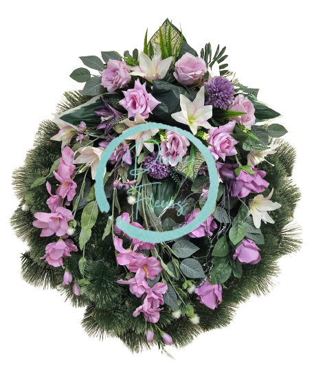 Smuteční věnec borovicový Exclusive Růže & Gladioly a Lilie & Doplňky 85cm AS454