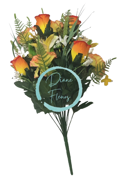 Trandafiri & Alstroemeria & Garoafe x18 Buchet portocaliu, galben 50cm flori artificiale