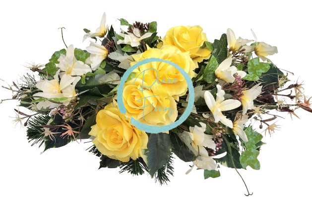 Kompozycja żałobna sztuczne róże i akcesoria 50cm x 25cm x 16cm