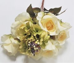 Ruže & Hortenzia kytica "9" kremová 45cm umelá