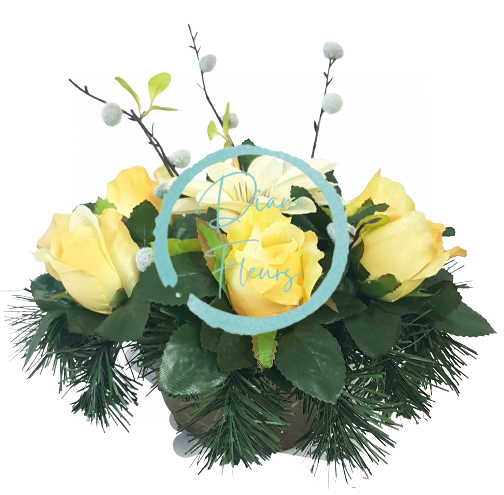Díszített betontál fenyőből mesterséges rózsák és barka virág és clematis és kiegészítők Ø 25cm x 17cm