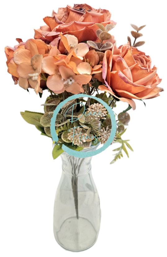 Изкуствен букет от рози, хортензии и аксесоари х9 44 см оранжеви
