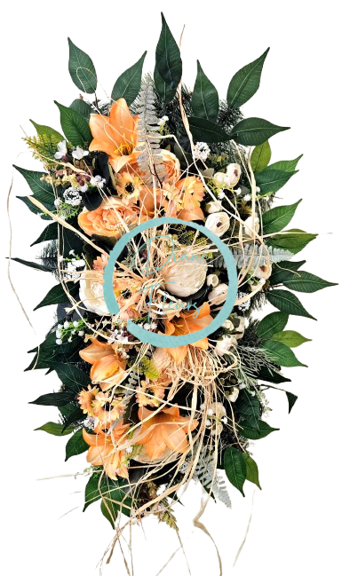Lussuosa corona di pino con peonie, gigli, camelie e accessori esclusivi 75 cm x 45 cm AS946