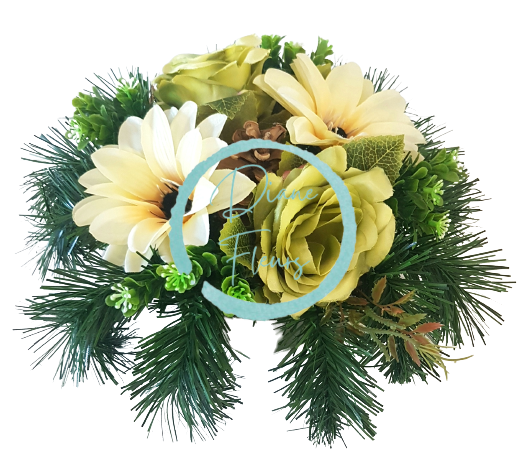 Smútočný aranžmán betonka umelé ruže, clematis & doplnky Ø 28cm x 15cm