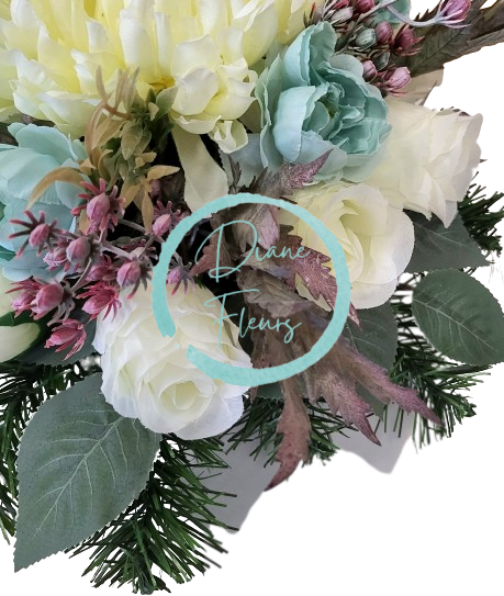 Smútočný aranžmán betonka umelé ruže, pivonky, chryzantémy a doplnky Ø 30cm x 20cm