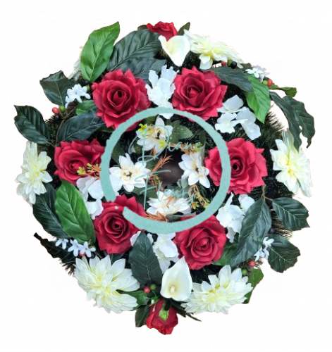 Artificial pine wreath decorated with Roses, Dahlias, Gerberas, Calla Lilies and accessories 55cm