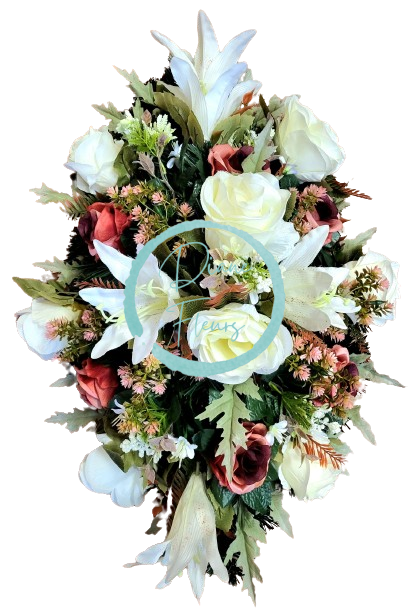 Künstlicher Trauerkranz exklusiv dekoriert mit Rosen, Lilien und Accessoires 70cm x 40cm x 25cm