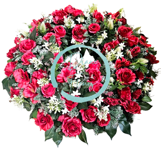 Smuteční věnec borovicový exclusive růže, drobné kvítky, bodlák a doplňky 70cm AS1006