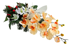 Díszített betontál fenyőből mesterséges orchideák, liliomok és kiegészítők 60cm x 28cm x 20cm