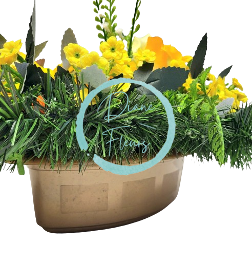 Sympathy arrangement made of artificial Sunflowers, Roses and Accessories 50cm x 28cm x 18cm