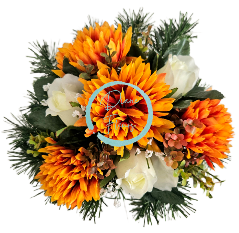 Trauergesteck aus künstlichen Chrysanthemen, Rosen und Accessoires 28cm x 18cm AS1089