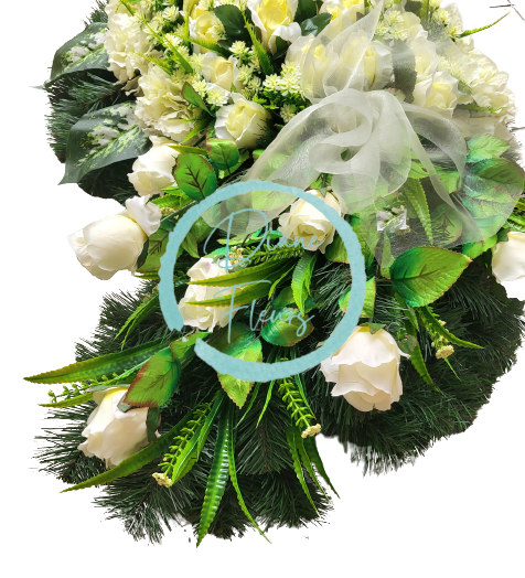 Luxusný smútočný veniec "Slza zahnutá" umelé ruže a hortenzie a doplnky 85cm x 50cm