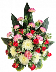 Piękna kompozycja żałobna ekskluzywne sztuczne Goździki, Róże, Dalie i dodatki 70cm x 45cm x 58cm