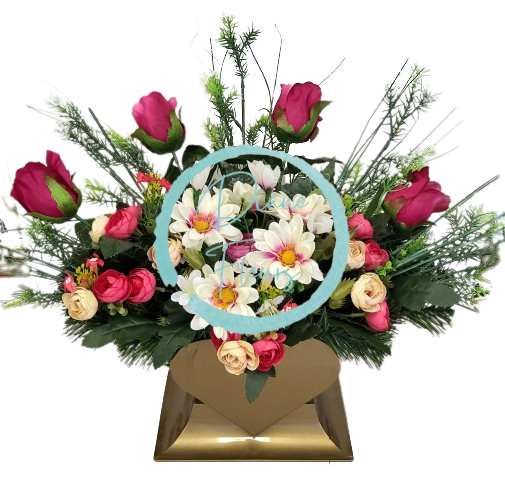 Piękna kompozycja pogrzebowa w kształcie serca ekskluzywne sztuczne stokrotki, róże, kamelie i dodatki 65cm x 28cm x 35cm
