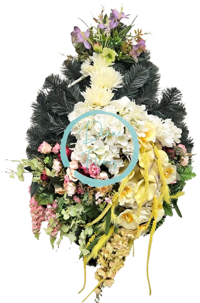 Smútočný veniec "Slza" umelé hortenzie, pivonky, chryzantémy, orchidey a doplnky 100cm x 55cm