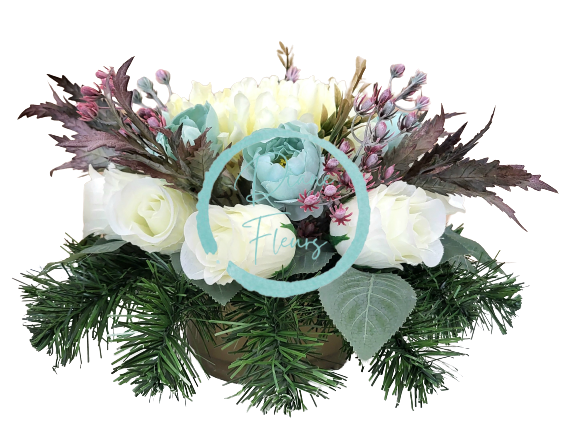 Smútočný aranžmán betonka umelé ruže, pivonky, chryzantémy a doplnky Ø 30cm x 20cm