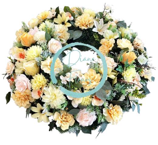 Temetési fenyőkoszorú Exkluzív hortenzia, rózsák, krizantém, dáliák, clematis és kiegészítők 80cm