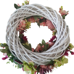 Luxus fonott koszorú mesterséges bazsarózsa, hortenzia és rószák Ø 45cm