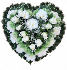 Krásný smuteční věnec srdce s umělými růžemi, dahliemi a doplňky 65cm x 65cm