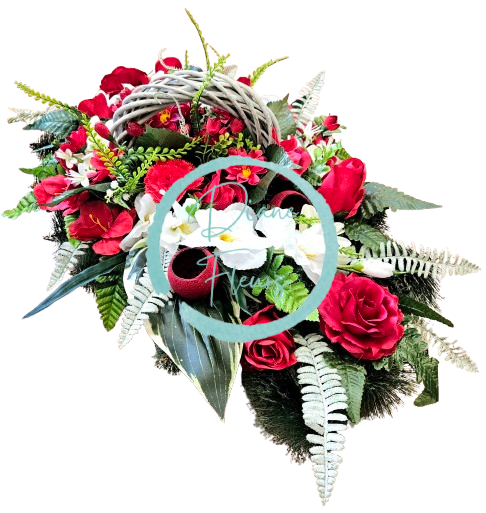 Luxusný smútočný veniec borovicový exclusive ruže, gladioly, margarétky, prútený veniec 75cm x 45cm