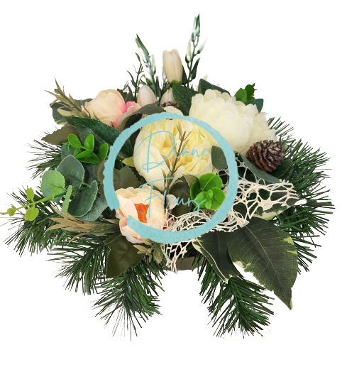 Smútočný aranžmán betonka umelé peonie pivónie a doplnky Ø 28cm x 15cm
