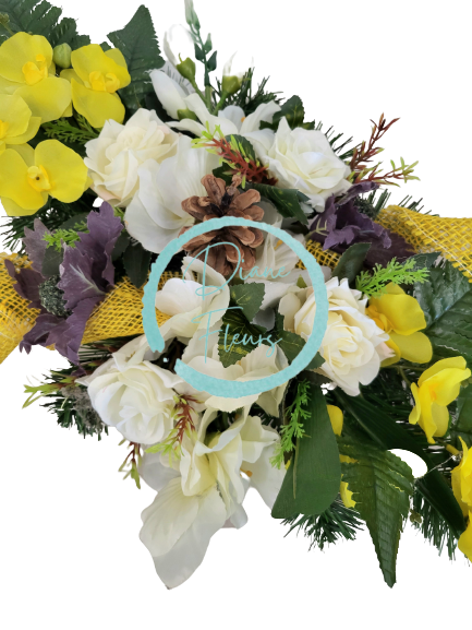 Organizacja pogrzebowa ekskluzywne sztuczne storczyki, lilie, róże i dodatki 65cm x 28cm x 16cm