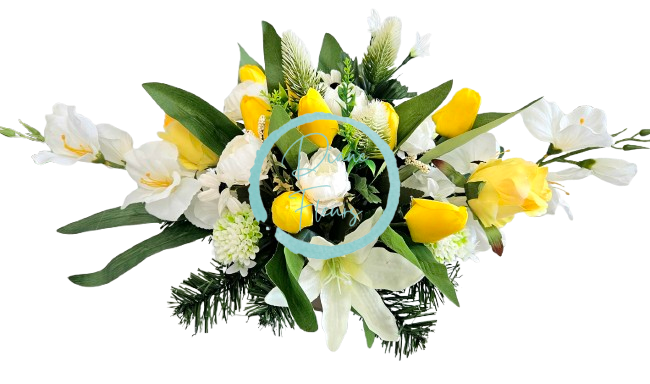 Aranžmán betonka umělé tulipány, lilie, růže, mečíky gladioly a doplňky 60cm x 33cm x 29cm AS989