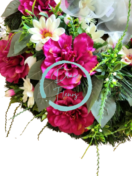 Smútočný veniec kruh umelé dahlie, margarétky a doplnky Ø 60cm