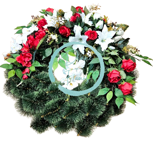 Luxusný smútočný veniec borovicový exclusive ruže, gladioly, ľalie a doplnky 90cm