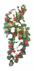 Coroana funerara din trandafiri și bujori artificiali 100cm x 35cm roșu, alb, verde