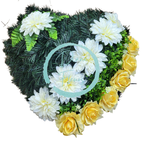 Umelý smútočný veniec "Srdce" Dahlie & Ruže & doplnky 55cm x 55cm