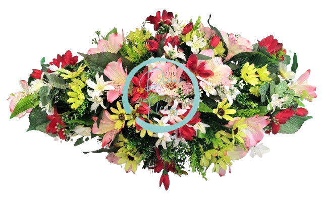 Trauergesteck aus Mischung aus künstlichen Blumen und Zubehör 60cm x 34cm x 22cm