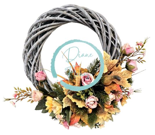 Wicker wreath decorated with Roses, Marguerites Daisies, Pumpkins and Accessories 30cm x 36cm