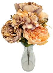 Изкуствен букет от божури, хортензии и аксесоари х9 44 см кафяво, прасковено