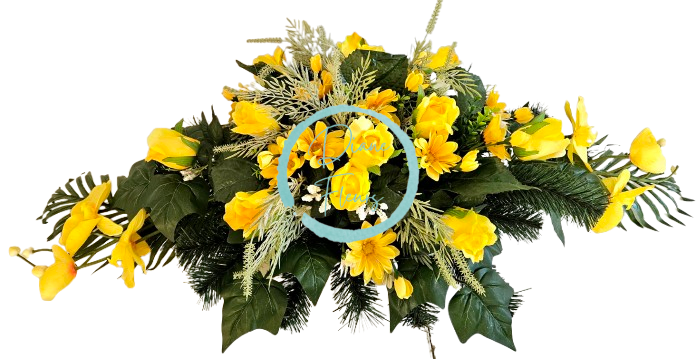 Luxusný aranžmán betonka umelé ruže, margaréty, orchidey a doplnky 100cm x 45cm x 28cm