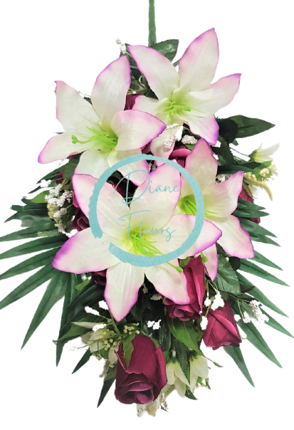 Buchet de Trandafiri și Crini x18 burgundia, violet și crem 62cm flori artificiale