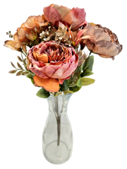 Umělá kytice pivoňky, hortenzie a doplňky x9 44cm oranžová, fialová